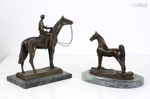 Two Bronze Horse Statues on Marble Bases