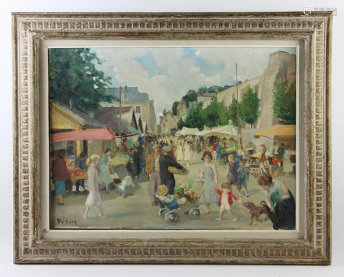 Vallian, Market Scene, Oil on Board