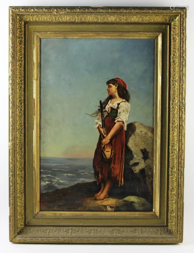 19thC Italian Girl with Instrument, Oil on Canvas