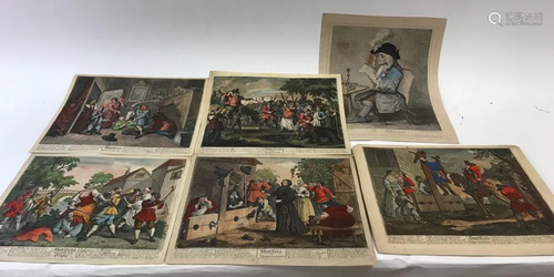 (6) 18thC Hogarth Hand Colored Prints