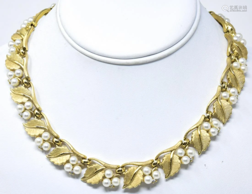 Vintage Trifari Gold Tone Leaf Faux Pearl Necklace