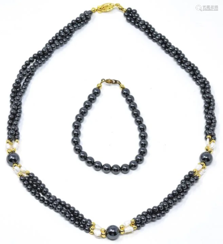 Vintage Faux Black Pearl Necklace & Bracelet