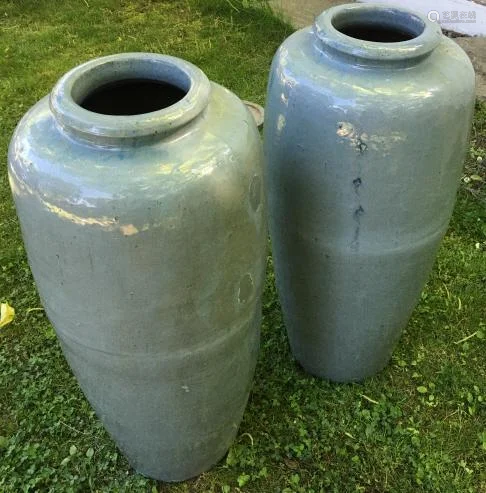 Pair Vintage Glazed Ceramic Urns / Vases