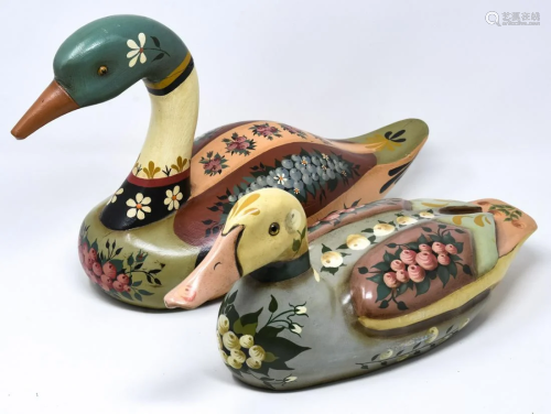 2 Hand Painted Folk Art Carved Wooden Duck Decoys