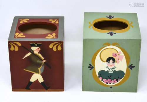 2 Hand Painted Folk Art Wooden Tissue Box Covers