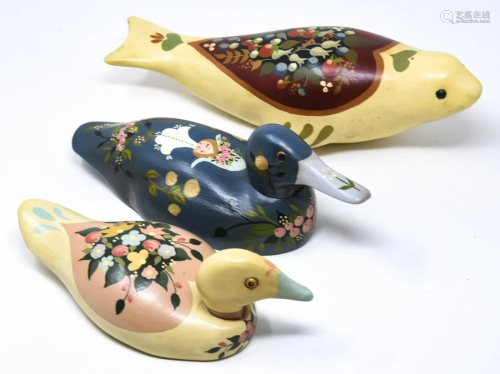 3 Hand Painted Wooden Folk Art Duck Decoys