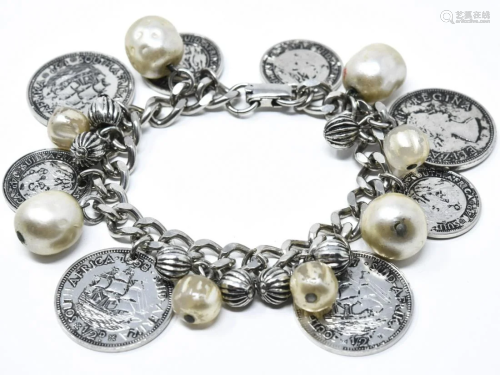 Costume Silver Tone Charm Bracelet W Coins & Pearl