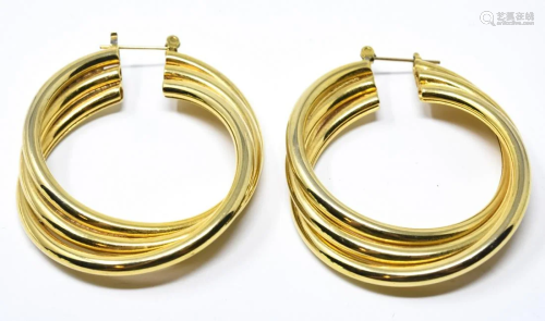 Pair Vintage 1980s Gold Tone Triple Hoop Earrings