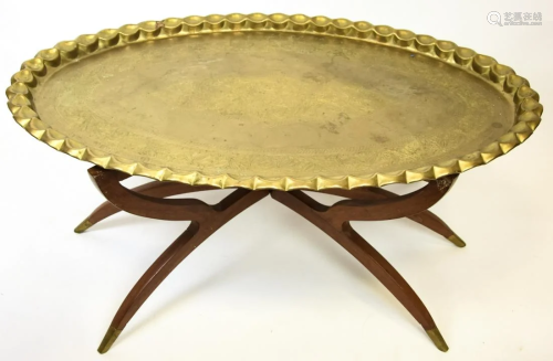 Hand Forged Brass Tray Table w Carved Folding Base