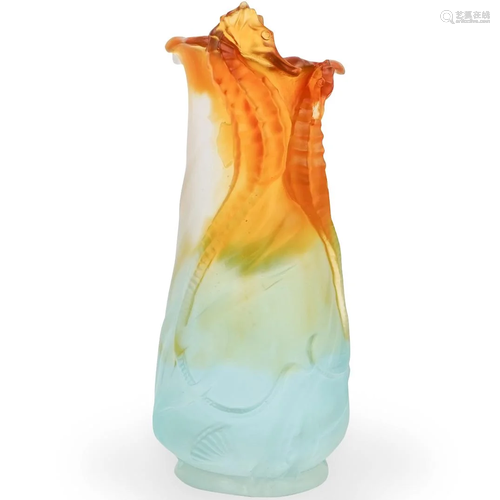 Pate De Verre Glass Seahorse Vase