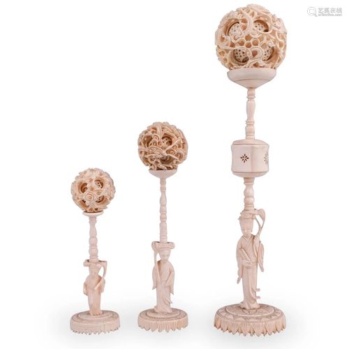 (3 Pc) Chinese Bone Carved Puzzle Balls