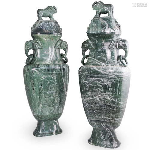 Pair Of Jade Carved Elephant Motif Urns