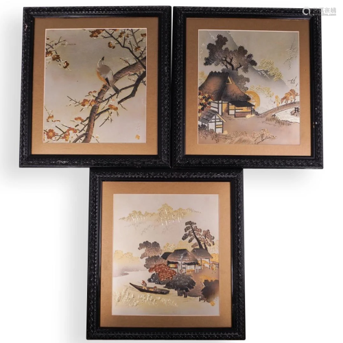 (3 Pc) Chinese Etched Framed Plaques