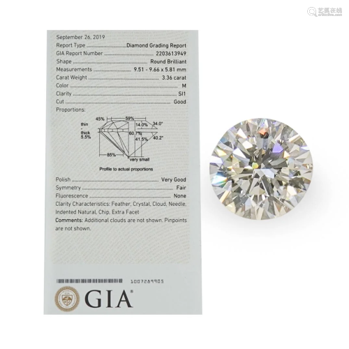 GIA Round Brilliant 3.36 Carat Diamond