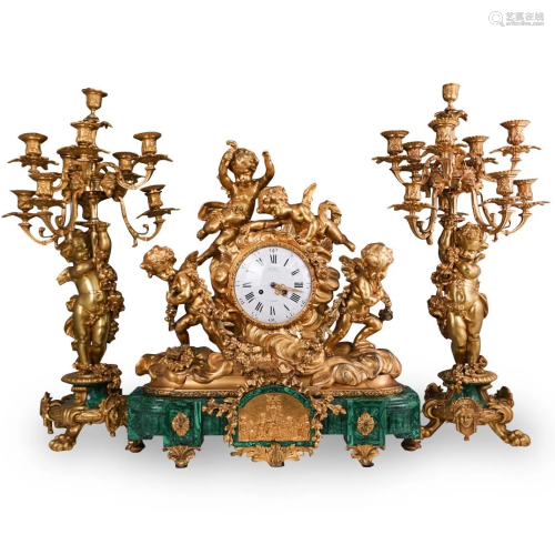 (3 Pc) 19th Cent. French Bronze and Malachite Clock Set