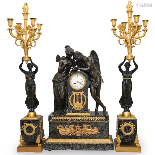 French Empire Garniture Marble & Bronze M…