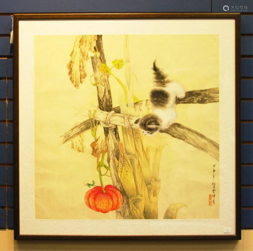 CHINESE PAINTING OF CAT W/ PUMPKIN, ARTIST SI…