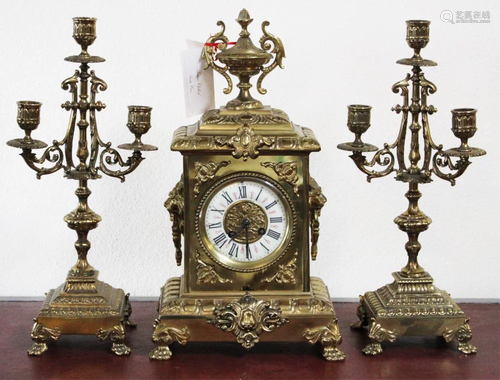 SET OF FRENCH CAST BRASS CLOCK W/ PORCELAI…