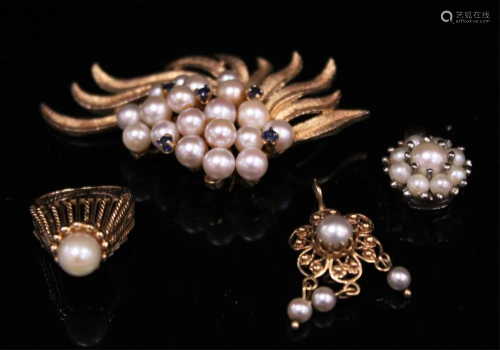 LOT OF (4) VINTAGE 14KT PEARL RING, PIN, PEND…