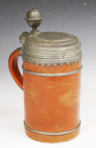 GERMAN EARTHWARE POTTERY STEIN, 17TH C.