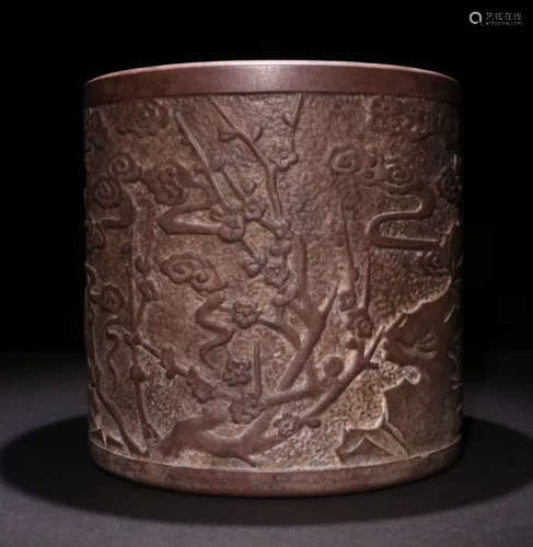 A ZISHA BRUSH POT CARVED WITH FLOWER