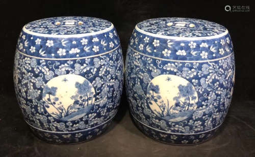 PAIR OF BLUE&WHITE GLAZE STOOL WITH FLOWER PATTERN