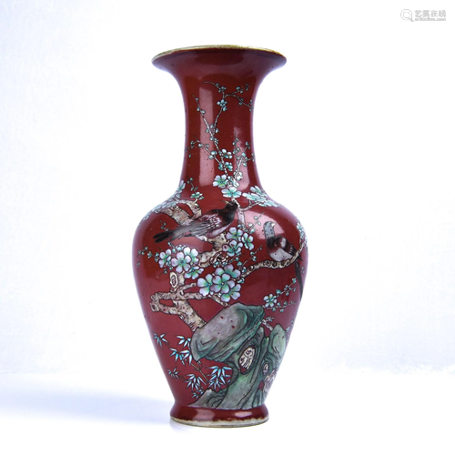 A RUBY-GROUND FAMILLE-ROSE VASE