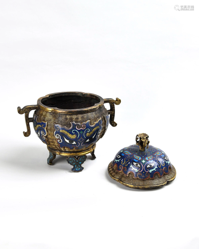 A CLOISNNE ENAMEL BRONZE TRIPOD CENSER AN…