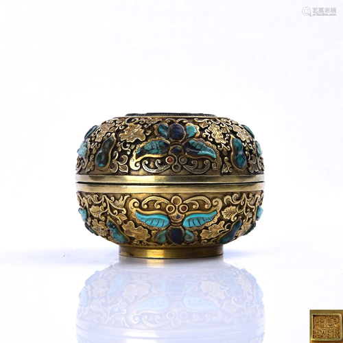 A GEMS INLAID GILT-BRONZE BOX AND COVER.M…