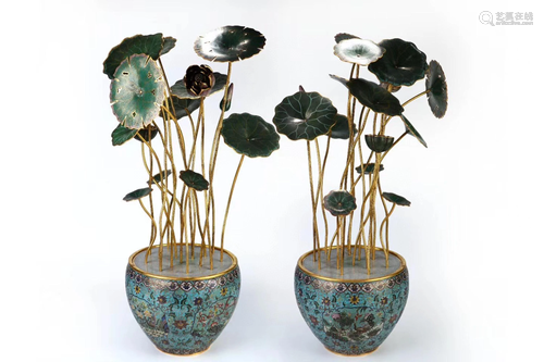 A PAIR OF CLOISONNE ENAMEL FLOWER POTS.QIN…