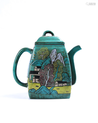 A PAINTED YIXING TEAPOT AND COVER