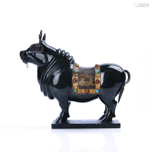 A GEMS INLAID SPINACH-JADE HORSE