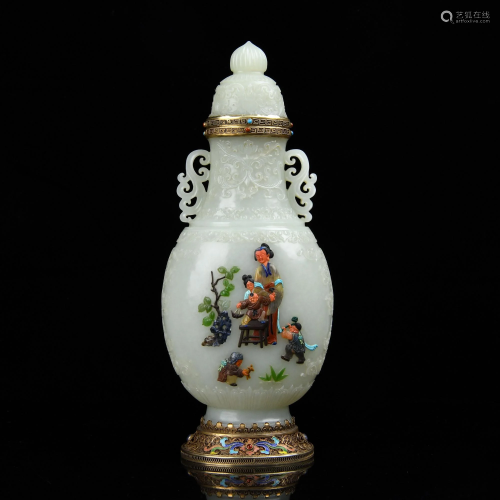 A GEMS INLAID WHITE JADE VASE AND COVER.MAR…
