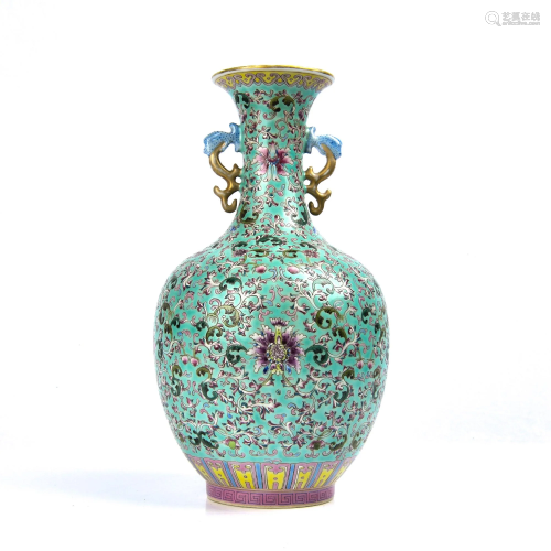 A TURQUOISE GROUND FAMILLE-ROSE VASE.MARK OF …