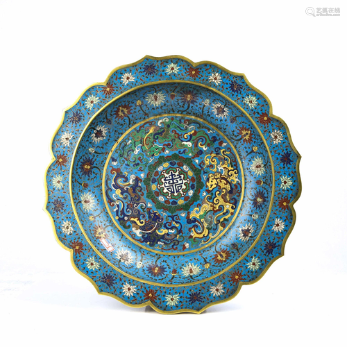 A CLOISNNE ENAMEL BRONZE DISH.QING PERIOD