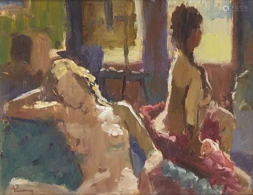 Modern British School, late 20th century- Two female nudes in an interior; oil on board, signed,