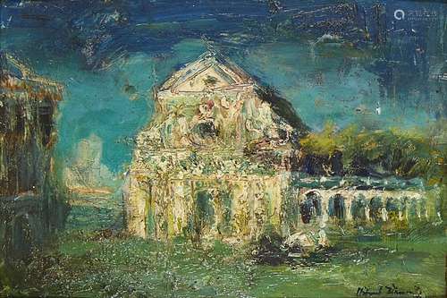 Clifford Fishwick, British 1923-1997- Ruins, c.1952; oil on board, signed, 15.5x22.7cm, (ARR)