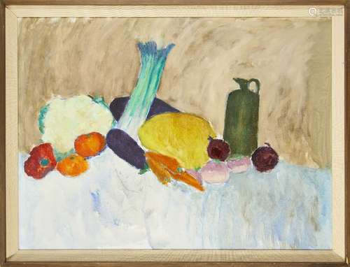 Elsbeth Juda, German/British 1911-2014- Still life with vegetables and green bottle; oil on