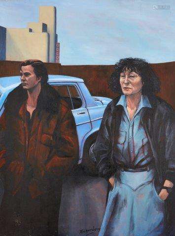 Ray Richardson, British b.1964- Man and woman in a car park with Odeon building in the distance,