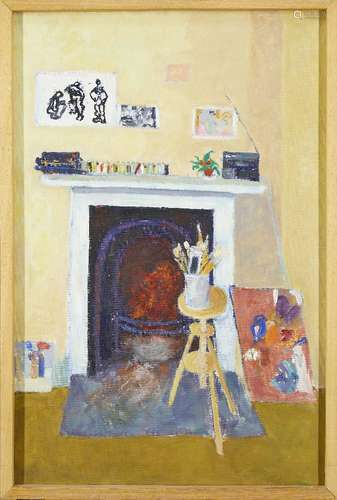 Elsbeth Juda, German/British 1911-2014- Studio Fireplace; oil on canvas, dated 1990, 76.5x51cm (