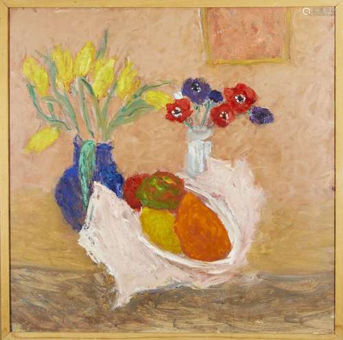 Elsbeth Juda, German/British 1911-2014- Floral still life with a bowl of fruit; oil on board,