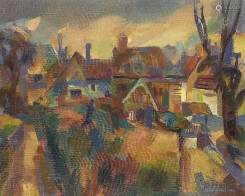 Basil Nubel ARCA, British 1923-1981- View of cottages and gardens; oil on canvas, signed and