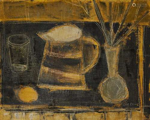 Tony O'Malley HRHA, Irish 1913-2003- Still-life with vase and lemon, 1962; oil on board, signed with