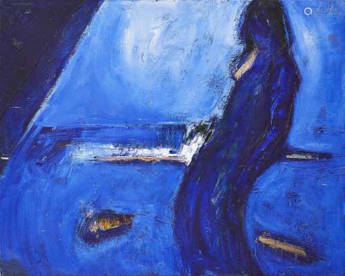 Larry Wakefield, British 1925-1997- Blue abstract with figure; Oil on canvas, signed on the reverse,