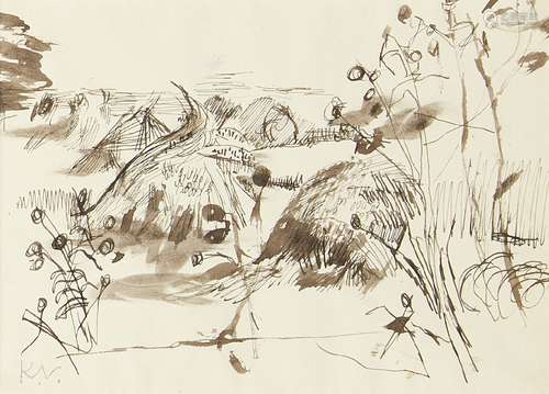 Keith Vaughan, British 1912-1977- Neo-Romantic Landscape, from Landscapes 1943 folio; pen, ink and