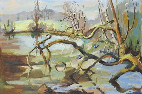 Phyllis Bray LG, British 1911-1991- Two kingfishers darting over Kenwood Lake, Hampstead, c.1950s;