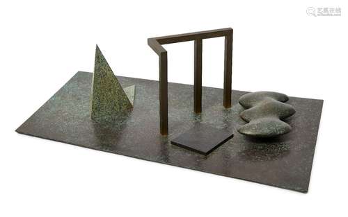 Robert Marsden, British b.1947- Geometric forms on a irregular-shaped base; patinated bronze, 18cm