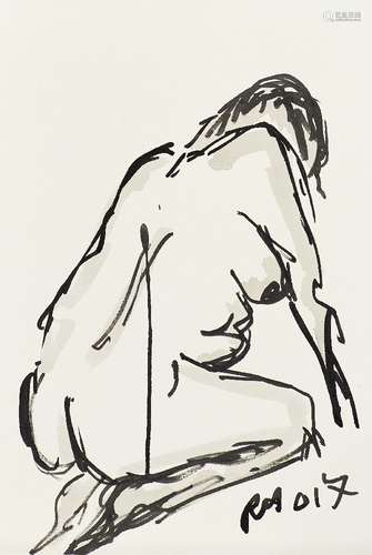 Rachel Howard, British b.1951- Female Nude, 2017; black ink and wash, signed with initials and