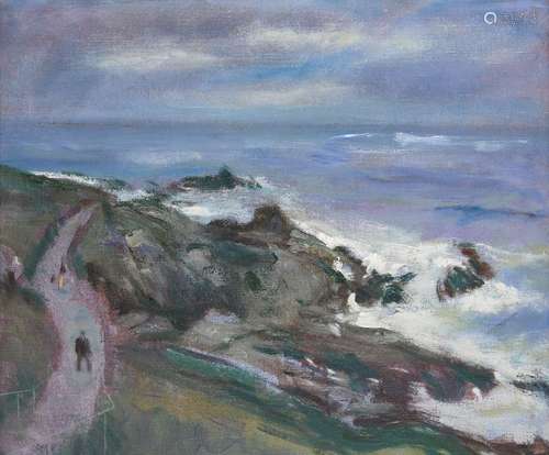 George Manchester ARCA, British 1922-1996- Figures on a coastal path; oil on canvas, signed with