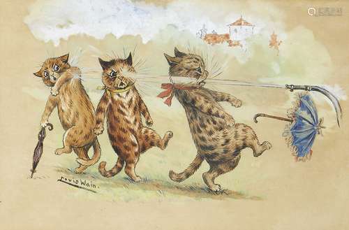 Louis Wain, British 1860-1939- It Rained Very Hard; pen, ink and watercolour heightened with white